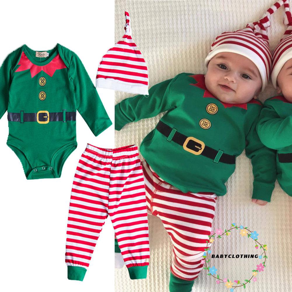 ღWSVღChristmas Newborn Kids Baby Boys Girls Romper Pants Hat Outfits Set Clothes 3Pcs