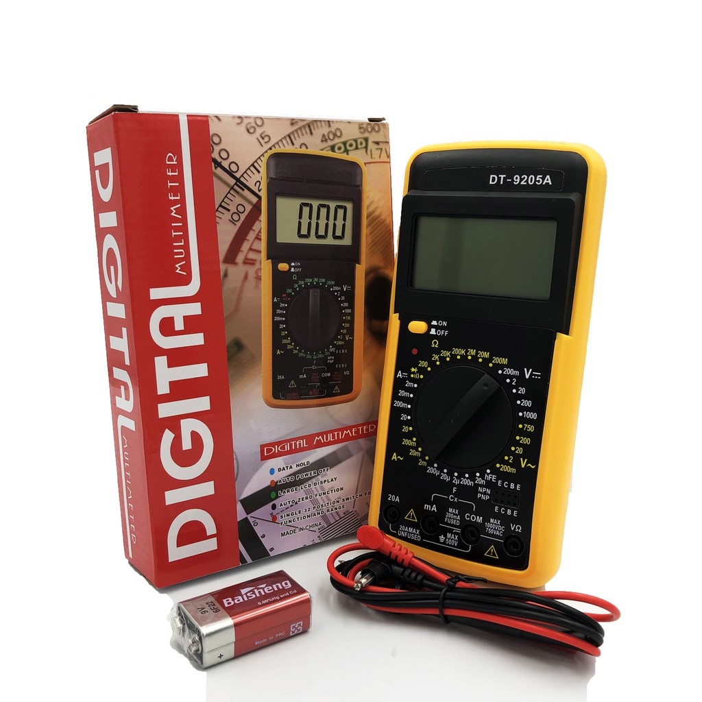 Đồng hồ đo điện vạn năng điện tử DT-9205A giá rẻ màn hình hiển thị LCD sắc nét kèm pin đo Volt, ampe, điện trở
