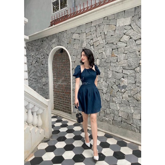 Đầm dạo phố cổ yếm rớt vai Navy Dress