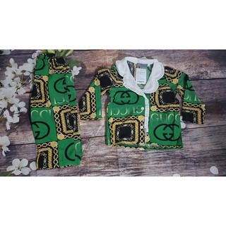Bộ pijama lụa satin họa tiết, phối cổ bèo cho bé gái