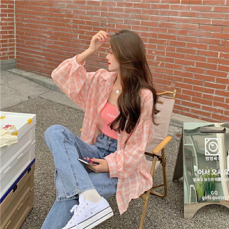 Aó sơ mi nữ,áo sơ mi dài tay kẻ phom rộng mùa hè 3 màu xinh xắn