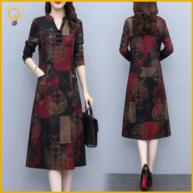 Đầm Dài Tay Cổ Chữ V Form Rộng In Họa Tiết Phong Cách Retro Dành Cho Nữ