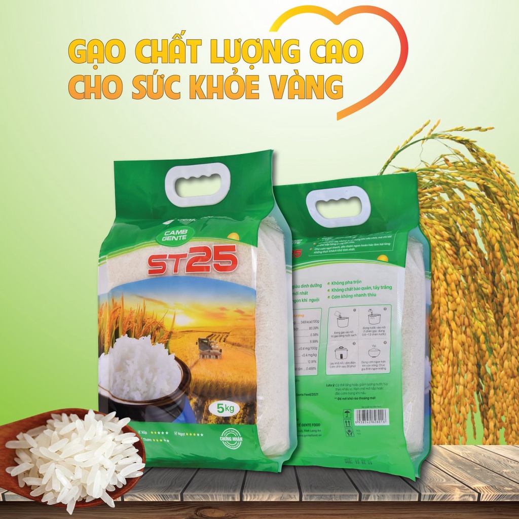 Gạo ST25 | CHÍNH HÃNG | Gente Food Túi 5kg Thơm, Dẻo, Ngon Cơm