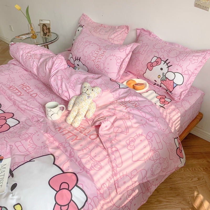 Chăn ga gối cotton poly - Mẫu hello kitty.