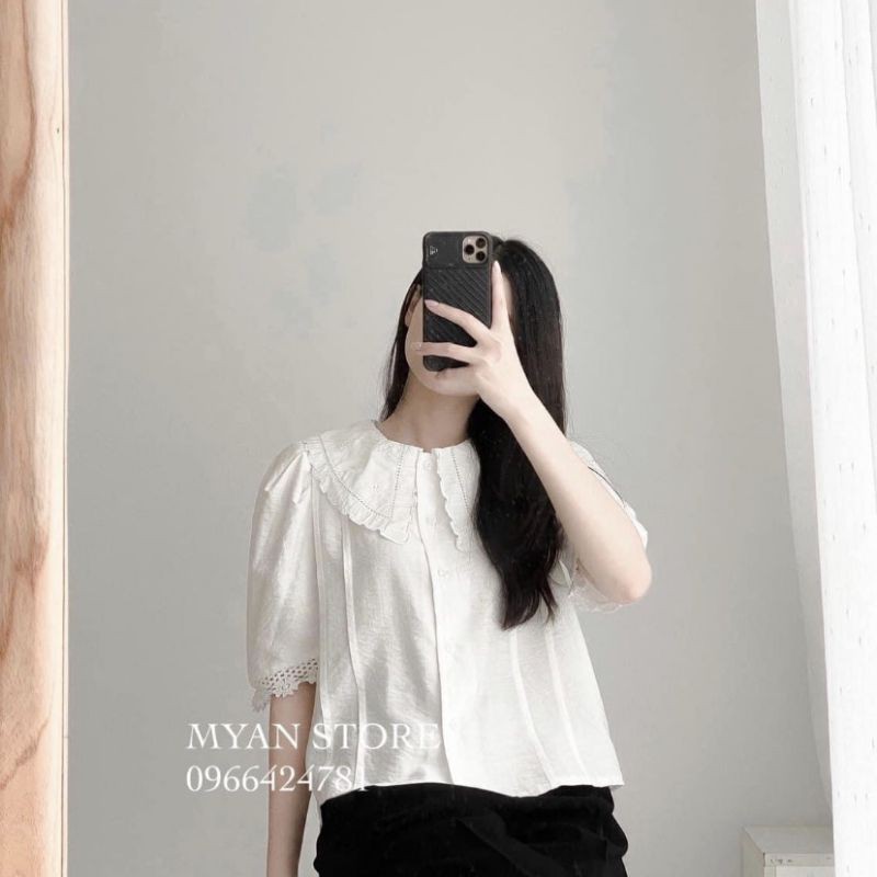 áo sơ mi cộc tay cổ ren tiểu thư ảnh thật