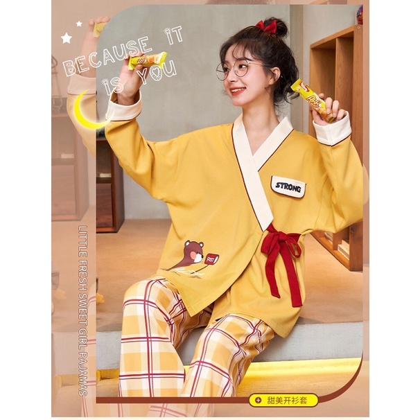 Đồ bộ đồ ngủ pyjama dài tay 100% cotton phong cách Hàn Quốc nhí nhảnh xinh xắn dễ thương chất vải siêu mềm mịn | BigBuy360 - bigbuy360.vn