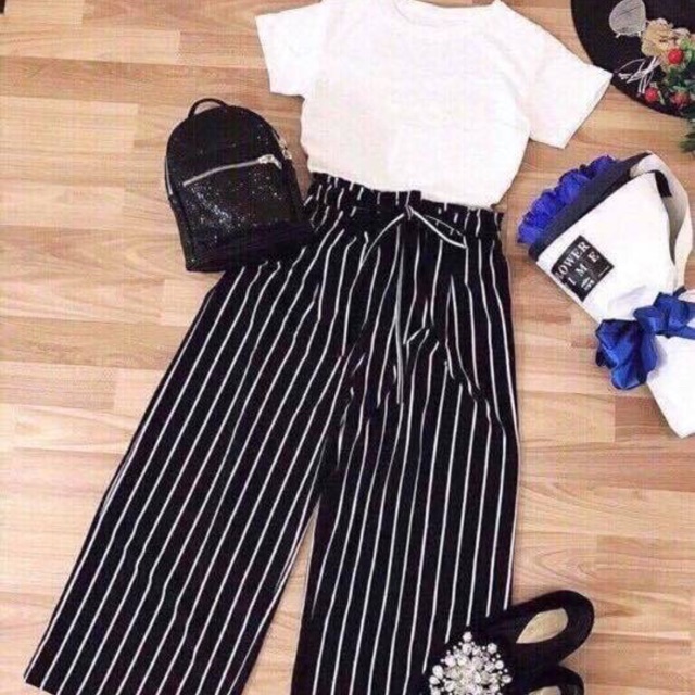 Set áo trắng quần sọc