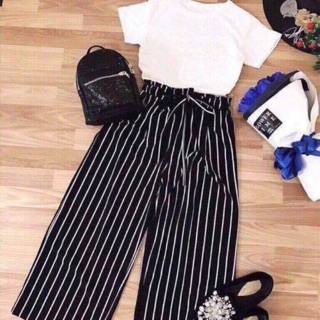 Set áo trắng quần sọc