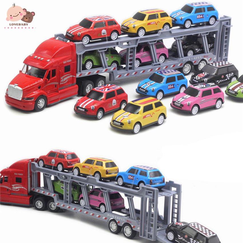 [HOT]Car Carrier Model Big Rig Truck Hauler Trailer With 6 Race Cars Carrier Toy