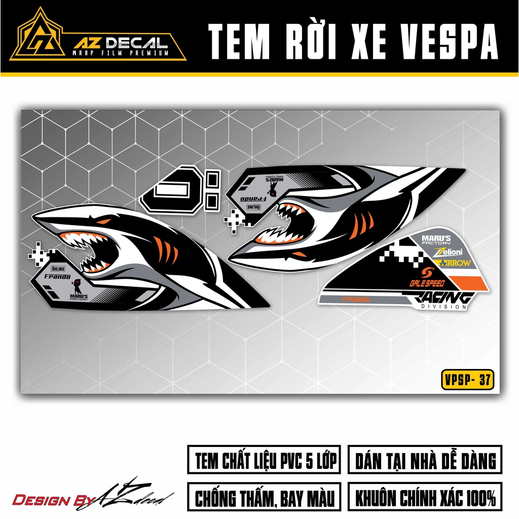 Decal Rời Xe Vespa Sprint / Primavera Phong Cách Cá Mập Maru's Factory | VPSP37 | Tem Chế Chống Nước, Dễ Dán