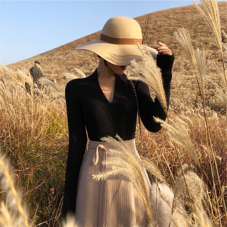 Áo sweater ZHELIHANGFEI dệt kim tay dài cổ chữ V phong cách phương Tây