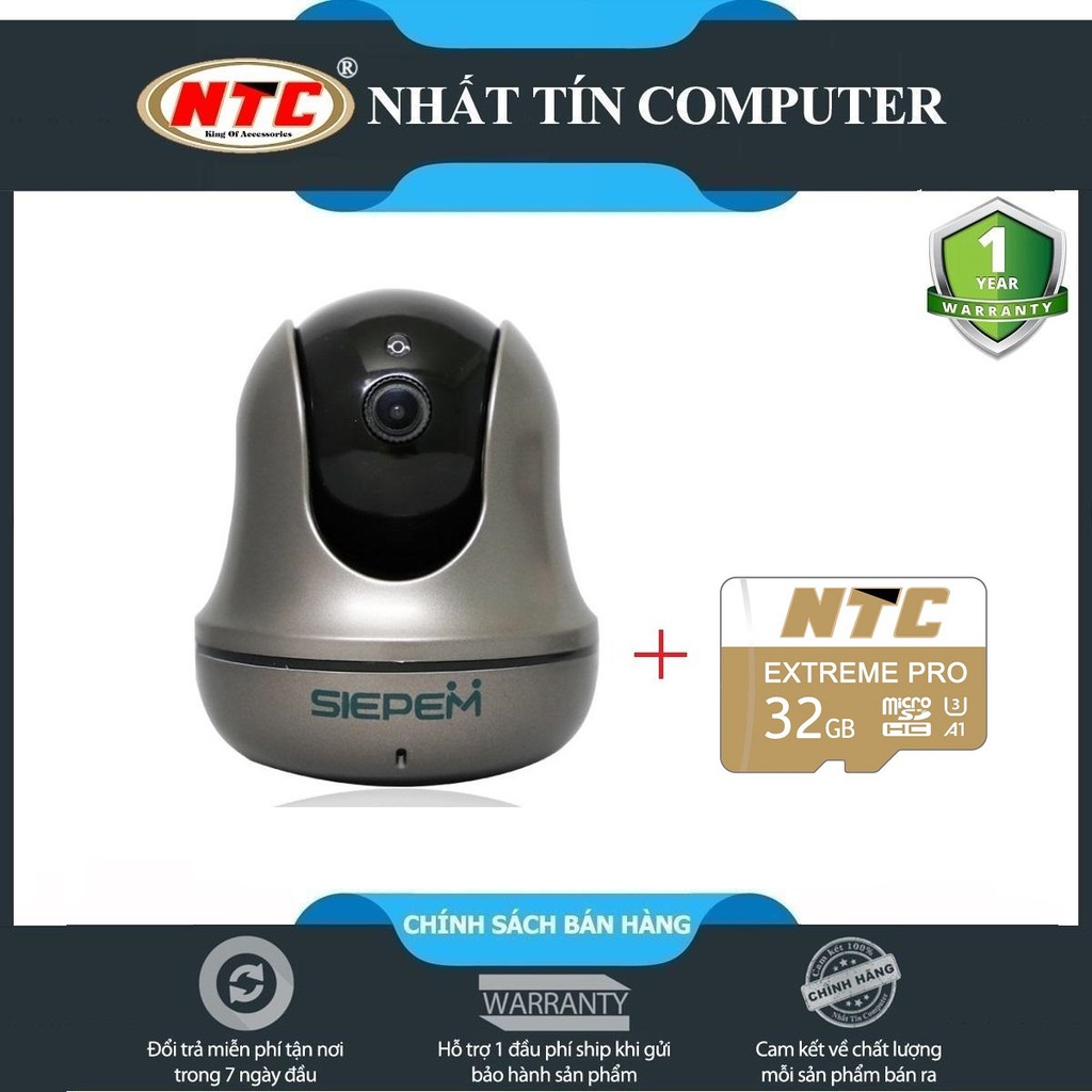 Camera IP Wifi SIEPEM S6812 Plus hỗ trợ FullHD 1080P - độ phân giải 2.0MP (Xám đen) + Kèm thẻ NTC U3 4K 32GB