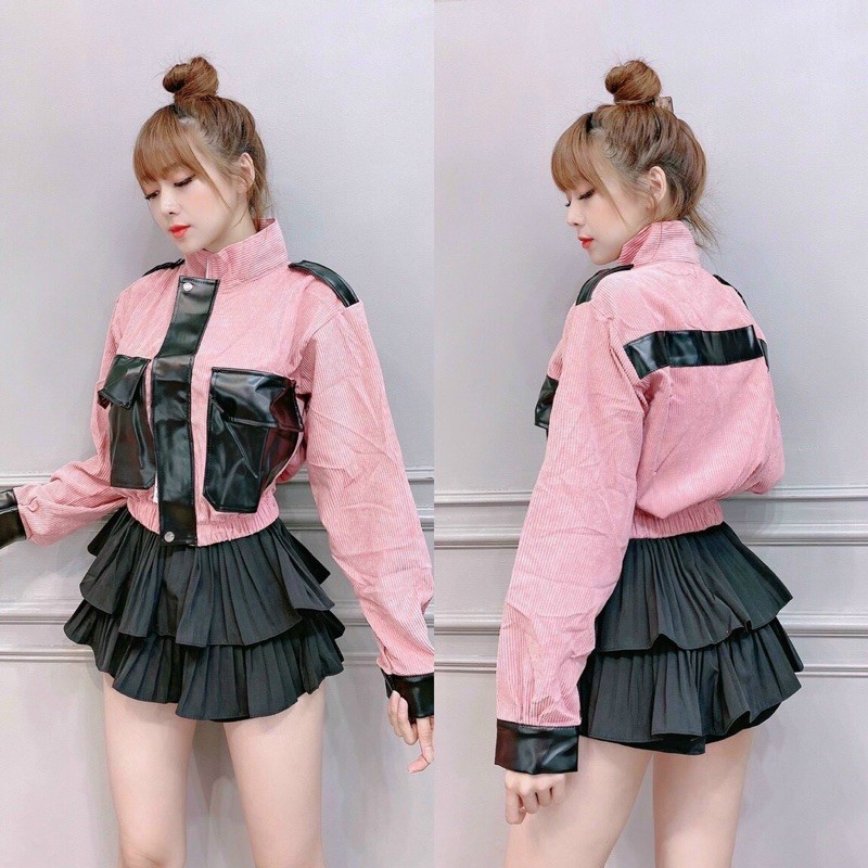 Áo khoác nhung nữ bomber form lửng phối túi da xinh xắn | BigBuy360 - bigbuy360.vn