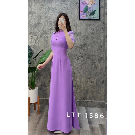 Áo dài tím tay phối voan kèm quần