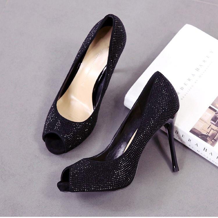 Giày Cao Gót Miệng Cá Đính Đá Màu Đen Phong Cách Âu Mỹ 2021