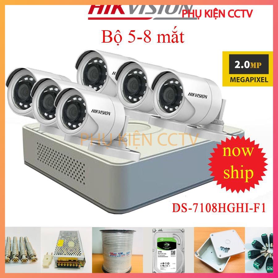 Trọn Bộ Camera 5/6/7/8 Mắt Hikvision 2Mp DS-2CE16B2-IPF FULL HD 1080P, Đầu DS-7108HGHI-F1 Full Phụ Kiện Lắp Đặt