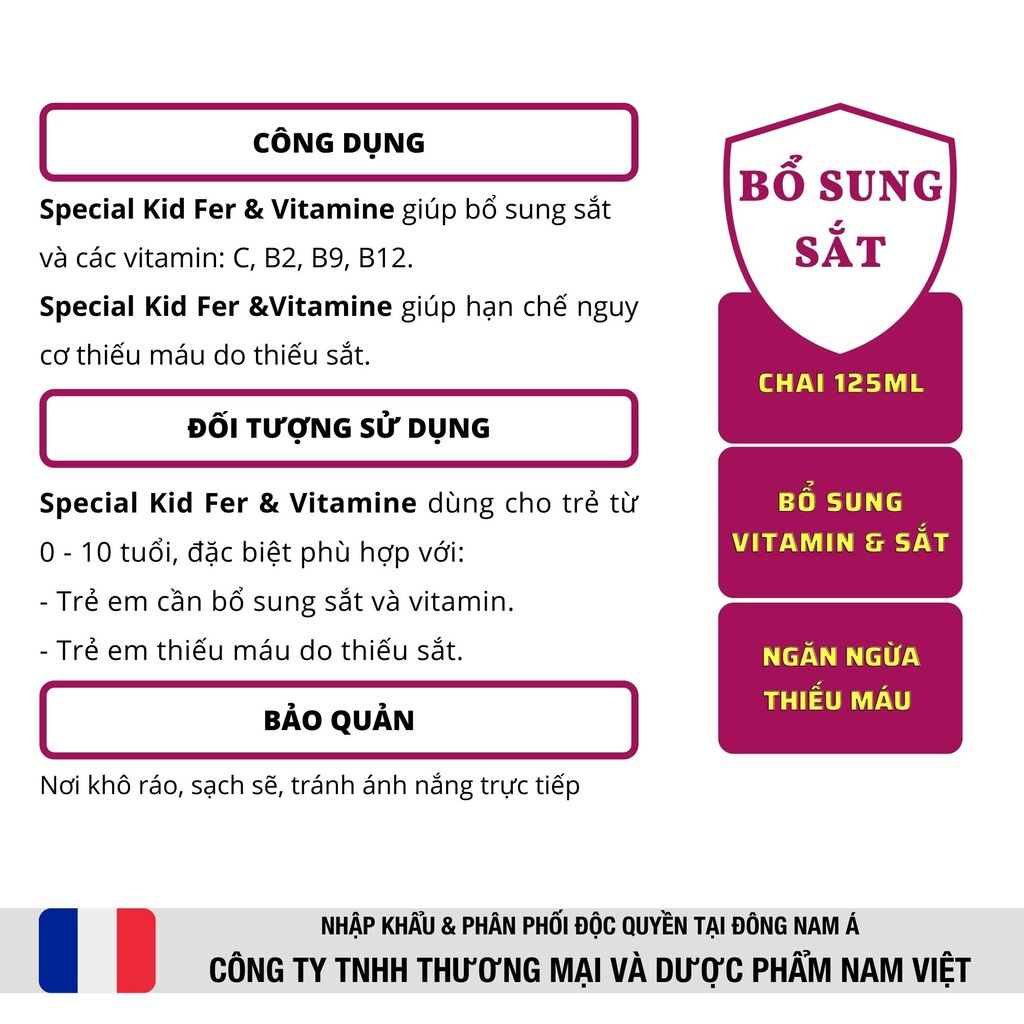 Siro giảm nguy cơ thiếu máu, bổ sung Sắt và Vitamin thiết yếu - Special Kid Fer &amp; Vitamine - 125ml [Eric Favre - Pháp]