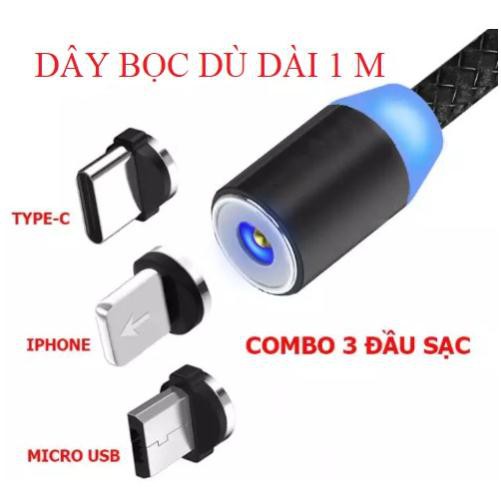 Cáp Sạc Nam Châm 3 Đầu Android/ Type C Và iPhone 360 Độ Dây Dù Siêu Bền dài 1m