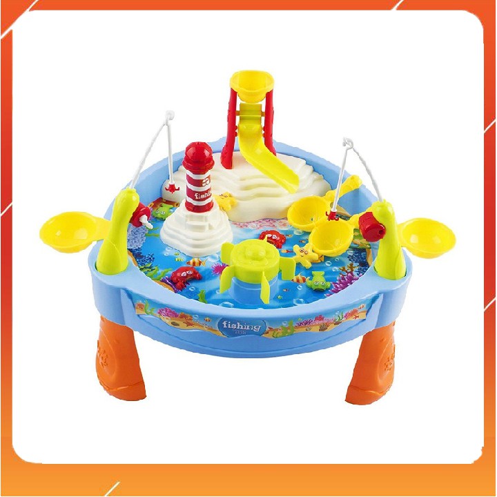 Bộ câu cá có đèn nhạc Toys house, gồm có bàn câu cá, 2 cần câu đi kèm, rổ đựng, 2 vợt, máng trượt nước, quạt rẽ nước.