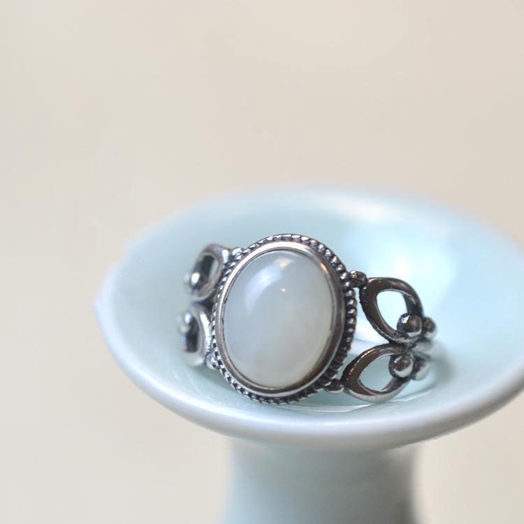 Nhẫn Hở Mạ Bạc 925 Đính Ngọc Bích Tự Nhiên Phong Cách Trung Hoa Cổ Điển Sang Trọng Thời Trang Cho Cặp Đôi