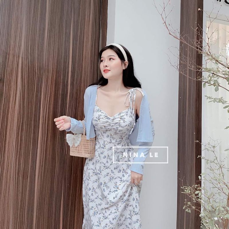 (Best Seller) Set đầm midi 2 dây hoa nhí + Khoác cardigan lửng xanh | BigBuy360 - bigbuy360.vn