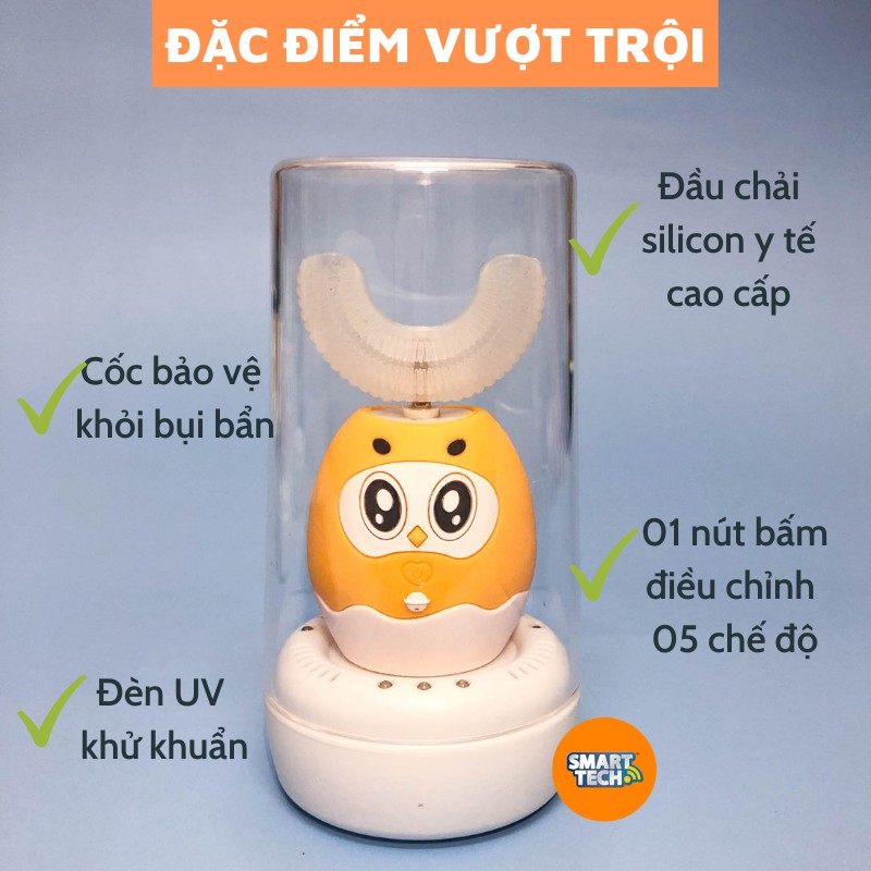 Bàn chải điện đánh răng cho bé UniBird, Bàn chải chữ U silicon cao cấp cho bé từ 2 -9 tuổi, có nhạc có cốc khử khuẩn