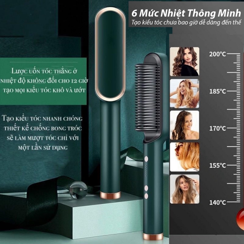 Lược Điện Chải Tóc Kiêm Máy Uốn - Duỗi - Ép Tóc Chuyên Nghiệp Giúp Tạo Kiểu Nhanh Chóng Với 6 Mức Nhiệt - BH 12 Tháng