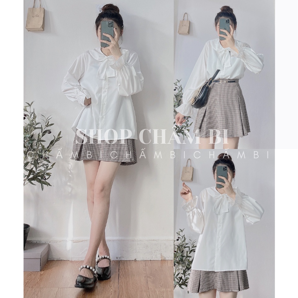 Áo kiểu nữ đẹp A.247, Áo sơ mi trắng tay bo chun cổ sen thắt nơ chéo phong cách Hàn Quốc