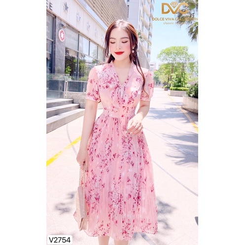 V2754 - váy hoa xếp ly màu hồng