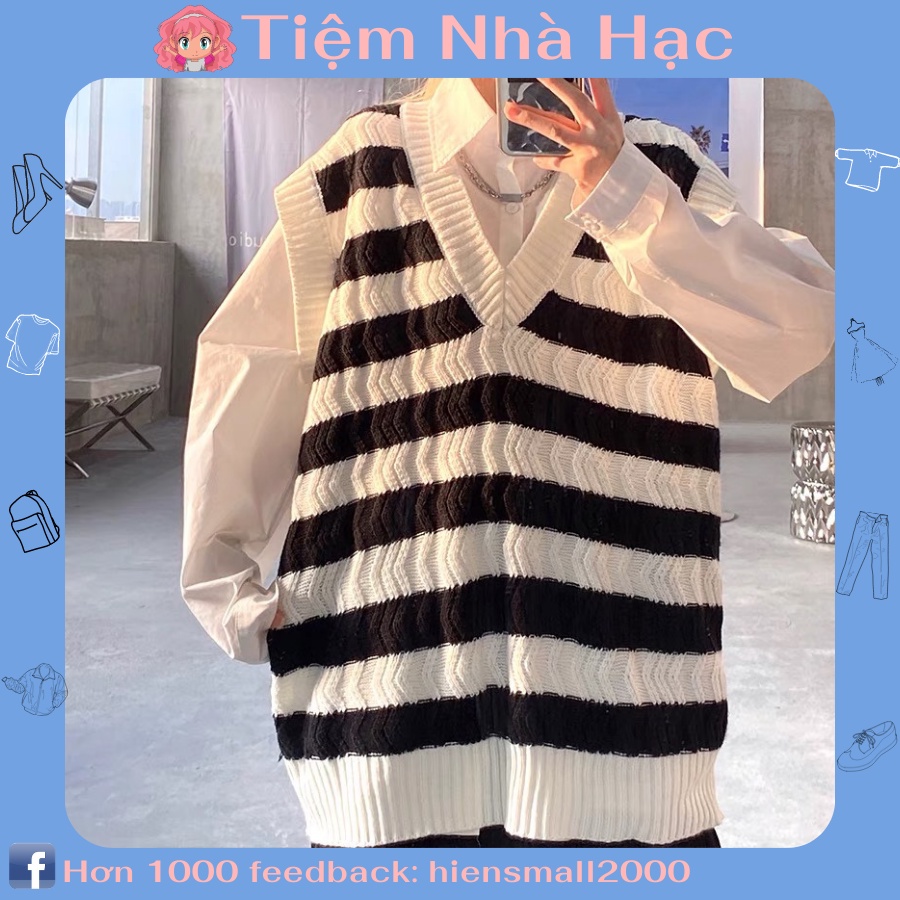 Áo Gilê len sọc trắng đen dáng rộng thoải mái nam nữ, có kèm ảnh thật, gile sọc