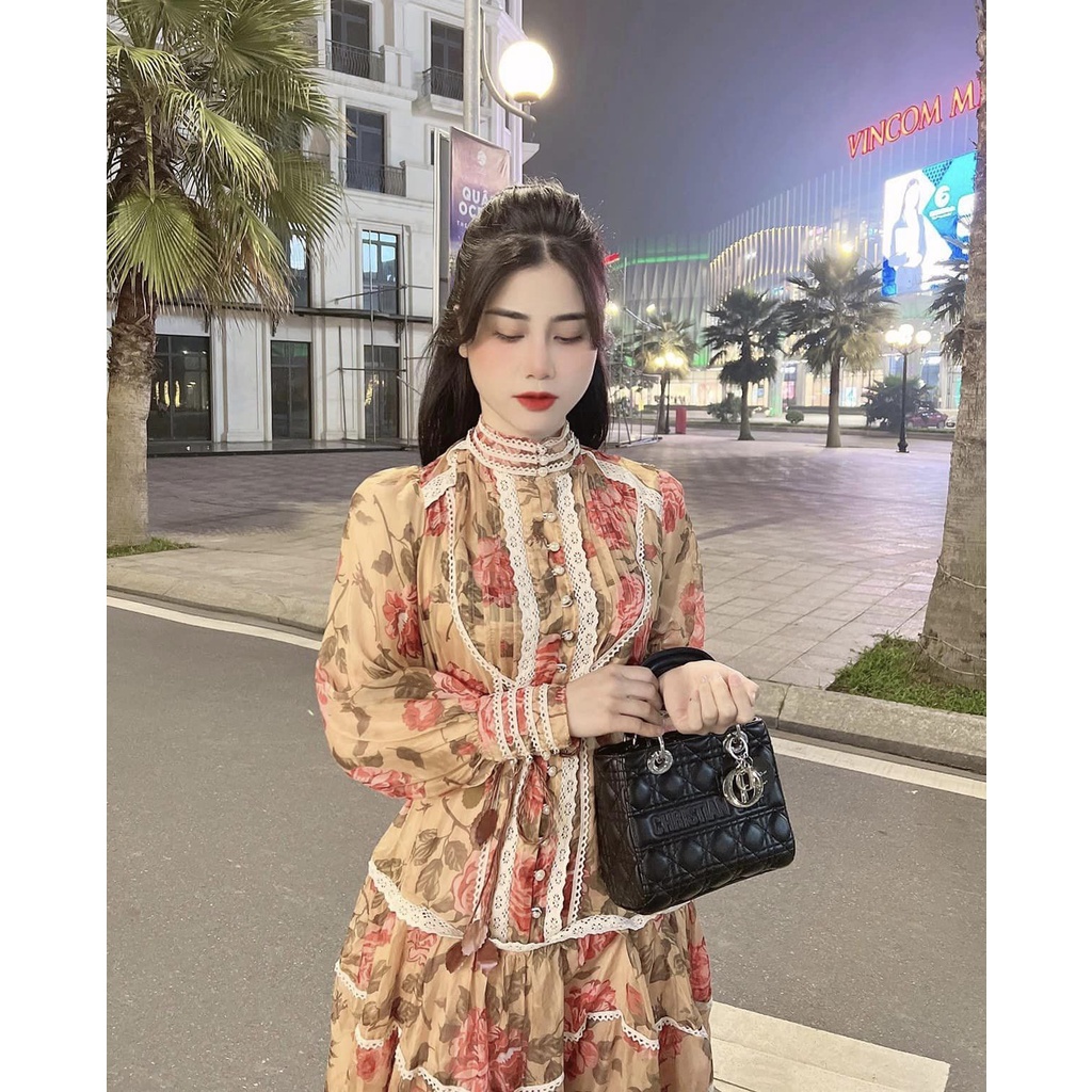 Váy Tơ Hoa Viền Ren Dài Tay siêu xinh