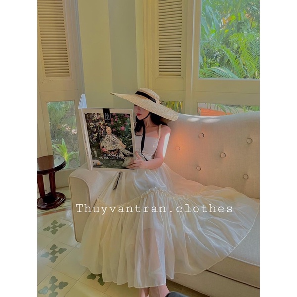 Đầm maxi xanh lá cây dây thắt bím thanh lý