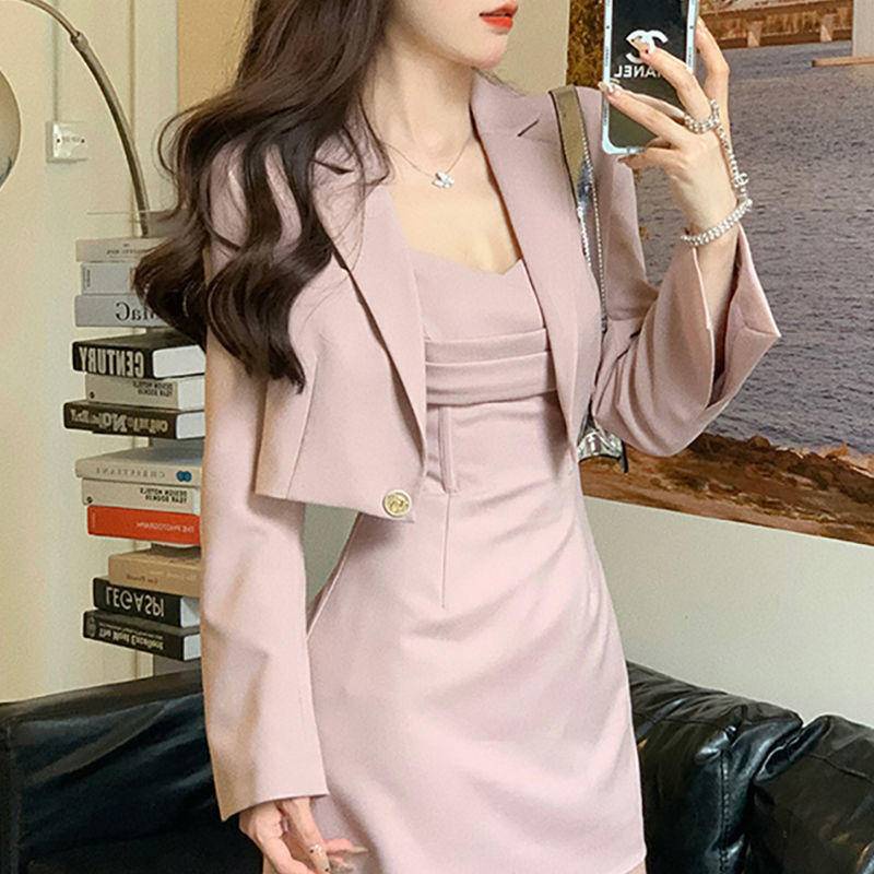 Bộ Đồ Hàn Quốc Đơn Giản Bộ Đồ Mùa Thu Cho Nữ Bộ Đồ Hàng Đầu Mỏng Phù Hợp Với Bộ Đồ Váy Ngắn 2 Chiếc