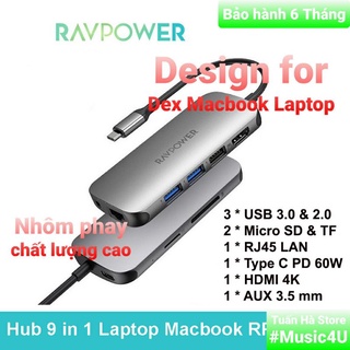 Bộ chuyển đổi Hub 9 in 1 USB Type C to sang HDMI 4K USB3.0 SD RJ45 3.5mm Vention Aukey RavPower cho Samsung Dex Macbook