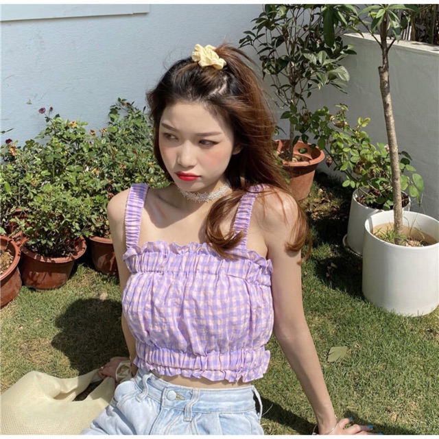 Áo Hai Dây Cổ Vuông Kẻ Caro Màu Tím Trendy Ulzzang Hàn Quốc