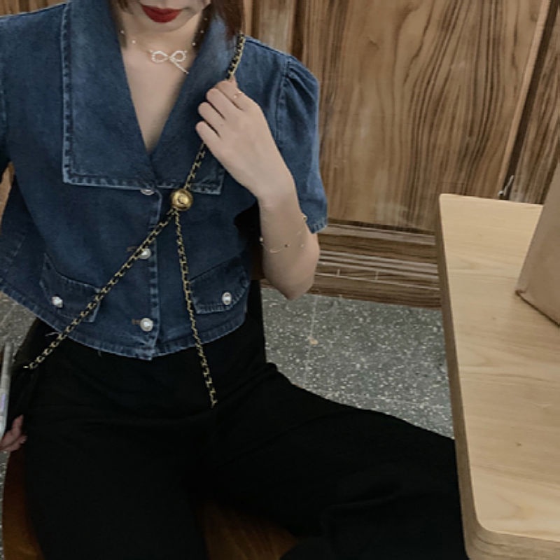 IMAODOUÁo denim tay ngắn kiểu retro Hàn Quốc thiết kế đơn giản dễ phối đồ cho nữ