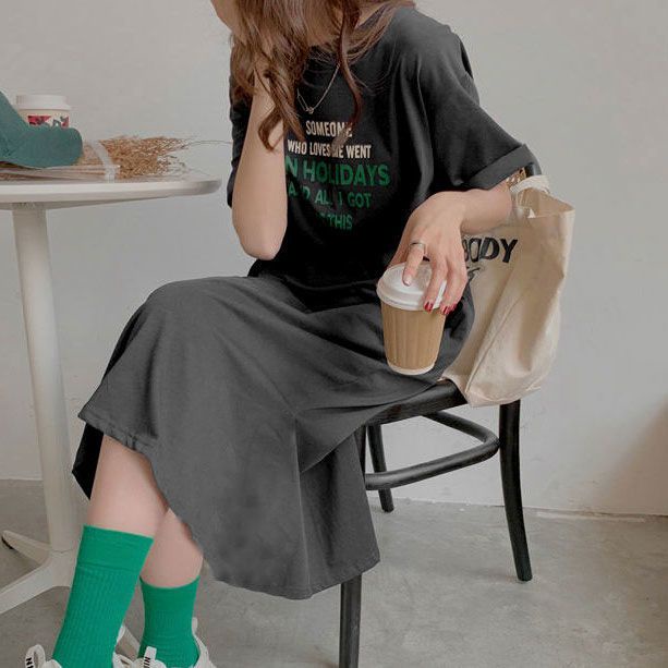 Đầm Thun Dài Qua Gối Tay Ngắn Dáng Rộng Thời Trang Mùa Hè Xinh Xắn Cho Nữ