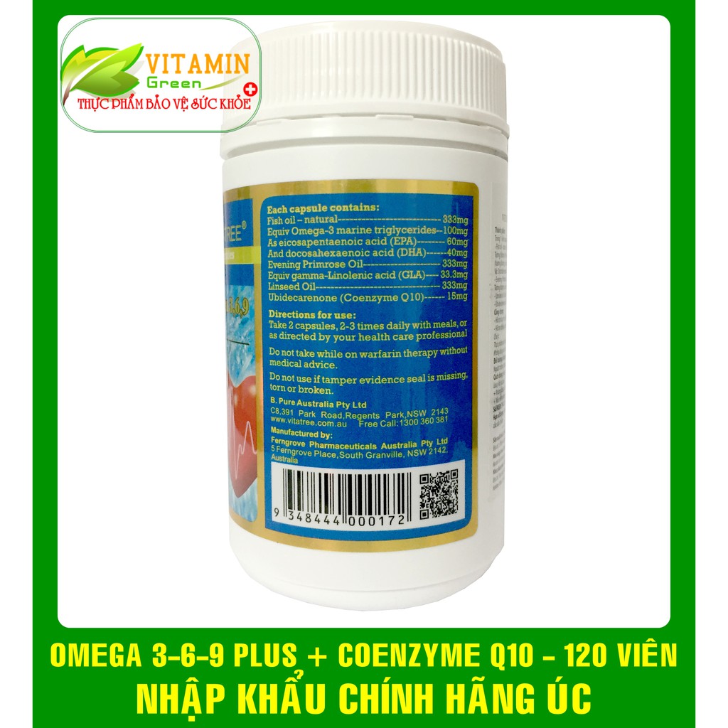 VITATREE MEGA OMEGA 369 PLUS Q10 TĂNG CƯỜNG  CHỨC NĂNG TIM MẠCH (120 viên) | NHẬP KHẨU CHÍNH HÃNG ÚC