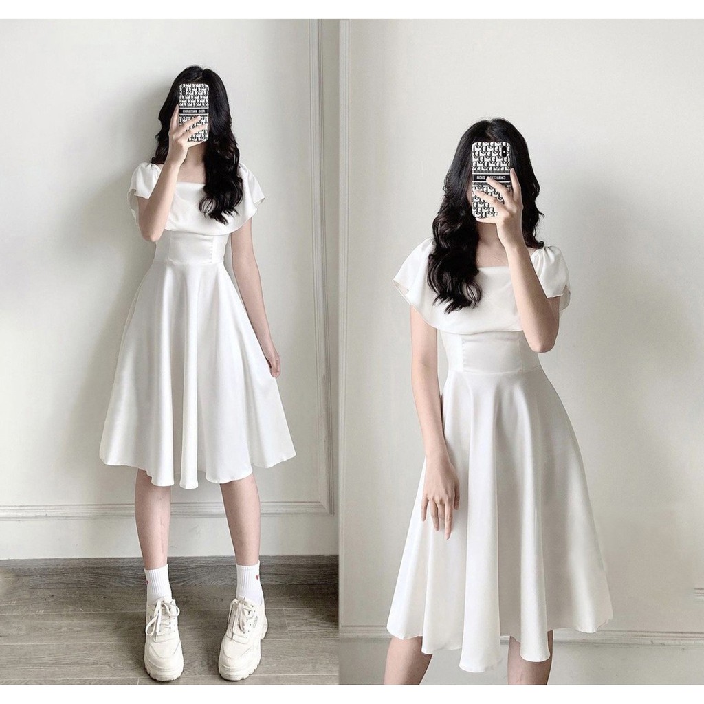 Đầm nữ trắng tay ngắn cổ bèo vuông dáng ôm bó eo rất quyến rủ duyên dáng khi mặc, váy xòe ngắn xinh xắn rất nữ tính Q032
