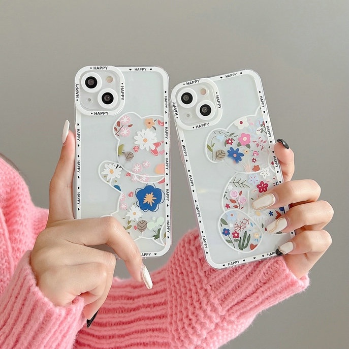 Casing For IPhone 13 Pro Max 12 11 ProMax Mini X Xs Xr 6 6s 7 8 Plus 6+ 6s+ 7+ 8+ Xsmax 13Promax 12Promax 11Promax Cute Cartoon Art Flowers Bear Clear Angel Eyes Shockproof Anti-fall Tpu Soft Phone Case Cover JSC 08