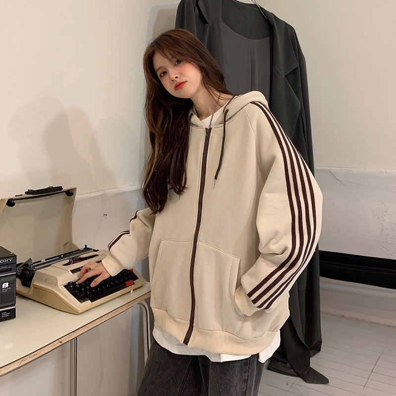 Áo Khoác Hoodie Tay Dài Họa Tiết Kẻ Sọc Thời Trang Thu Đông Mới Cho Nữ