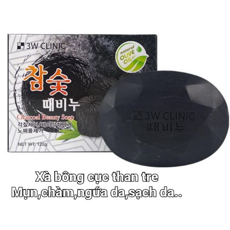 Xà bông cục than tre 3W Clinic dành cho da mụn Hàn Quốc, trà xanh tẩy da chết