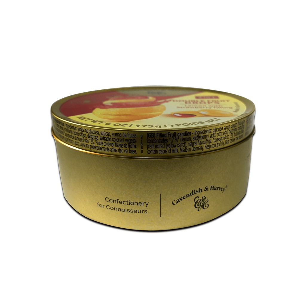 Kẹo trái cây Đức vị CHANH NHÂN DÂU TÂY -  LEMON WITH STRAWBERRY FILLING Cavendish  & Harvey dạng hộp thiếc 175g