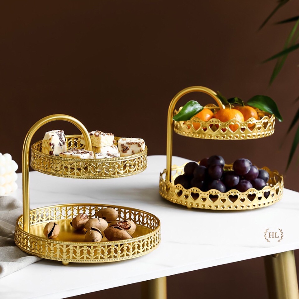 Khay để hoa quả, bánh kẹo/ kệ để mỹ phẩm 2 tầng hợp kim mạ vàng