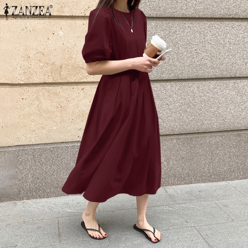 Đầm maxi ZANZEA eo cao tay phồng màu trơn phối khóa kéo thời trang dành cho nữ