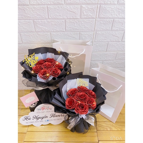 [quà sinh nhật-quà 14/2] Combo Bó hoa hồng nhũ 7 bông tặng kèm Túi + Thiệp như hình