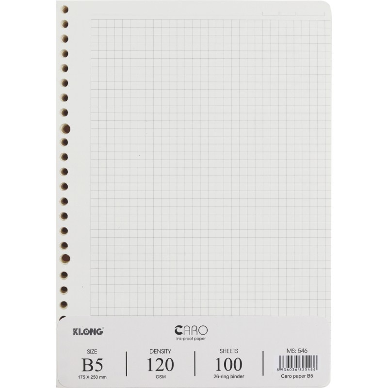 Ruột giấy refill 26 lỗ sổ còng B5 KLONG Caro/Dot/Kẻ Ngang, giấy 120gsm Bullet Journal - 100 tờ.