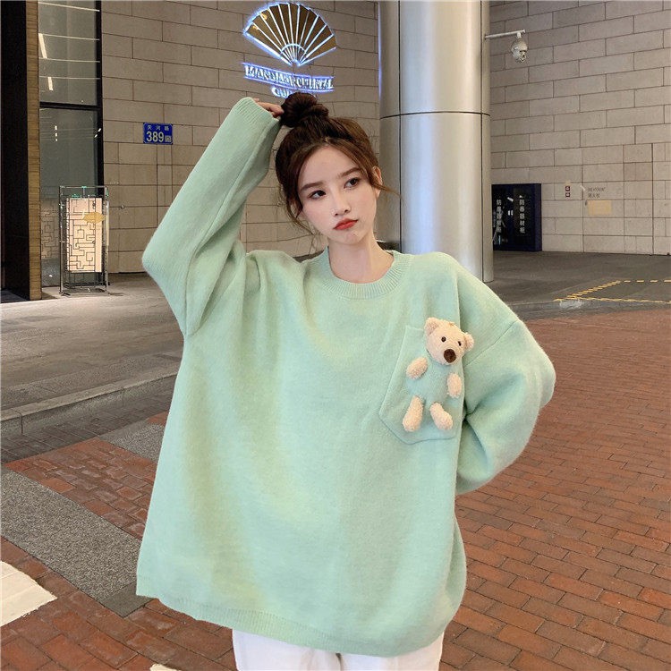 Áo Sweater dệt kim tay dài in hình gấu đáng yêu cho nữ | BigBuy360 - bigbuy360.vn
