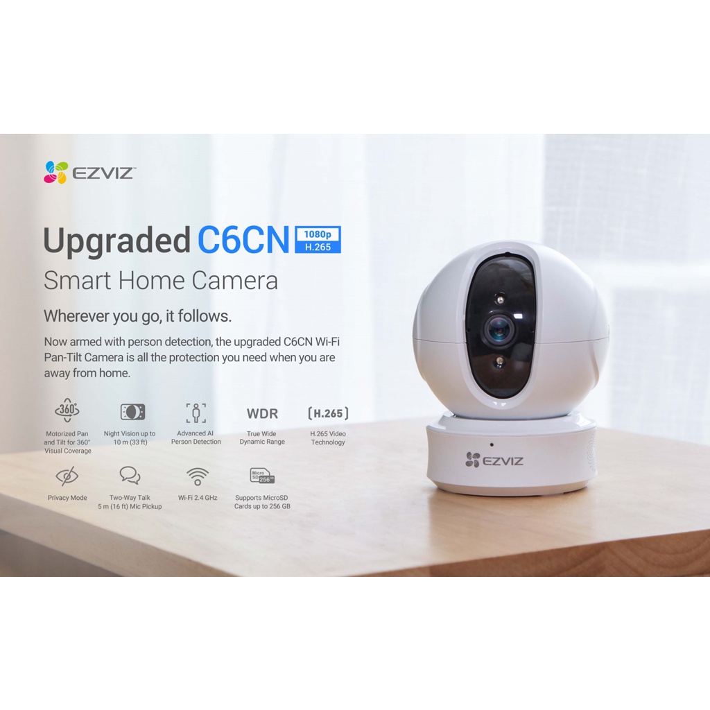 Camera wifi AI không dây Ezviz C6CN 2MP C6W 4MP, tích hợp AI H265, đàm thoại 2 chiều, xoay 360 độ (hàng chính hãng)