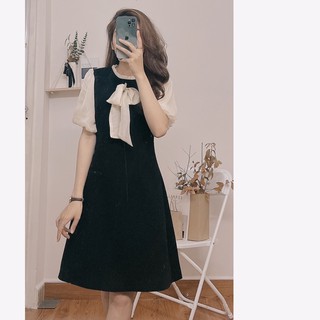 Váy thiết kế công sở dự tiệc tay bồng ngắn đính nơ